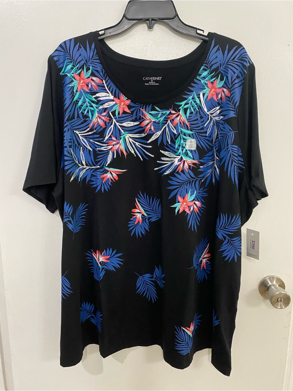 Catherines Black Tropical Floral Scoop Neck Top, size 2X, new!